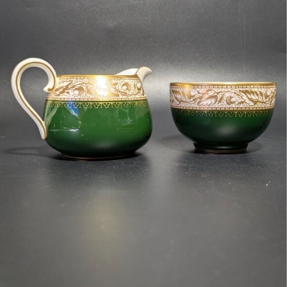Vintage Spode Green Gold Creamer Sugar Bowl Set Fine Bone China Elegant Design - Picture 6 of 16